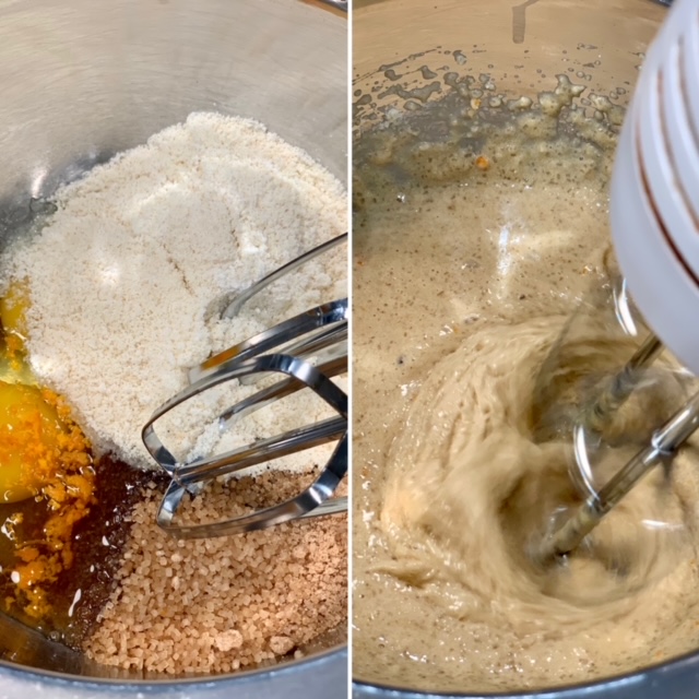 Mix almond flour, orange juice, eggs and brown sugar