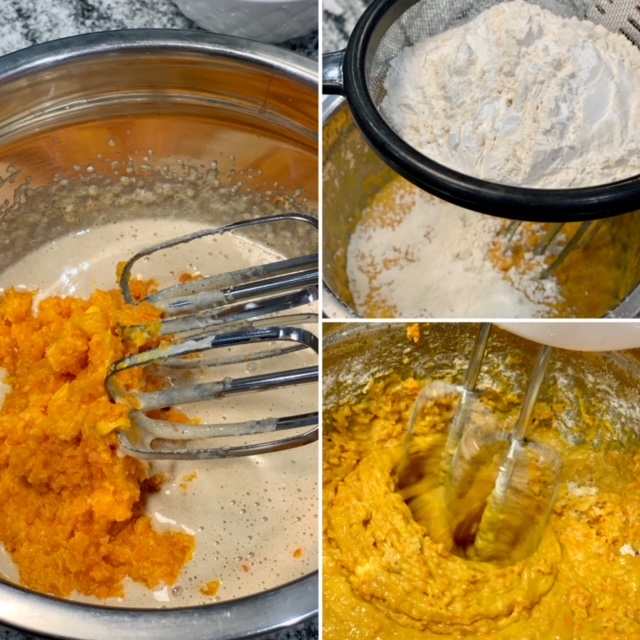 Mix in the carrot puree with eggs and add flour